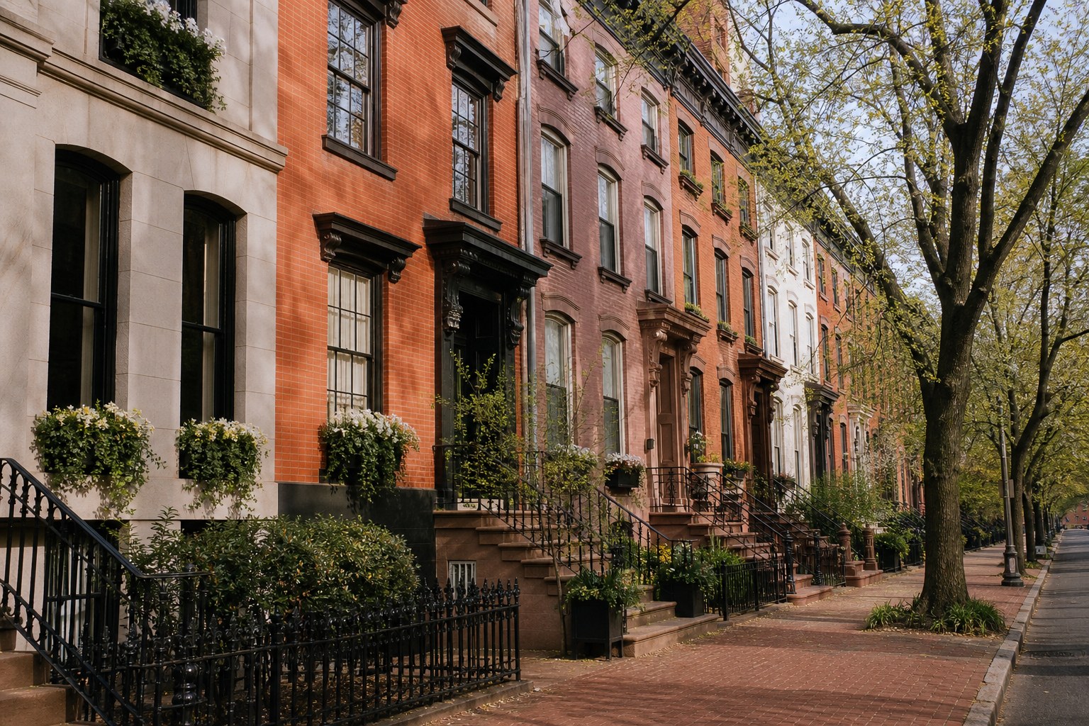 A tree lined street of brick and brownstone rowhouses in Hoboken New Jersey