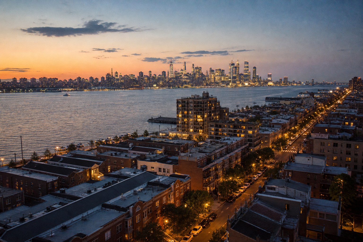 A waterfront New Jersey neighborhood at dusk across the Hudson