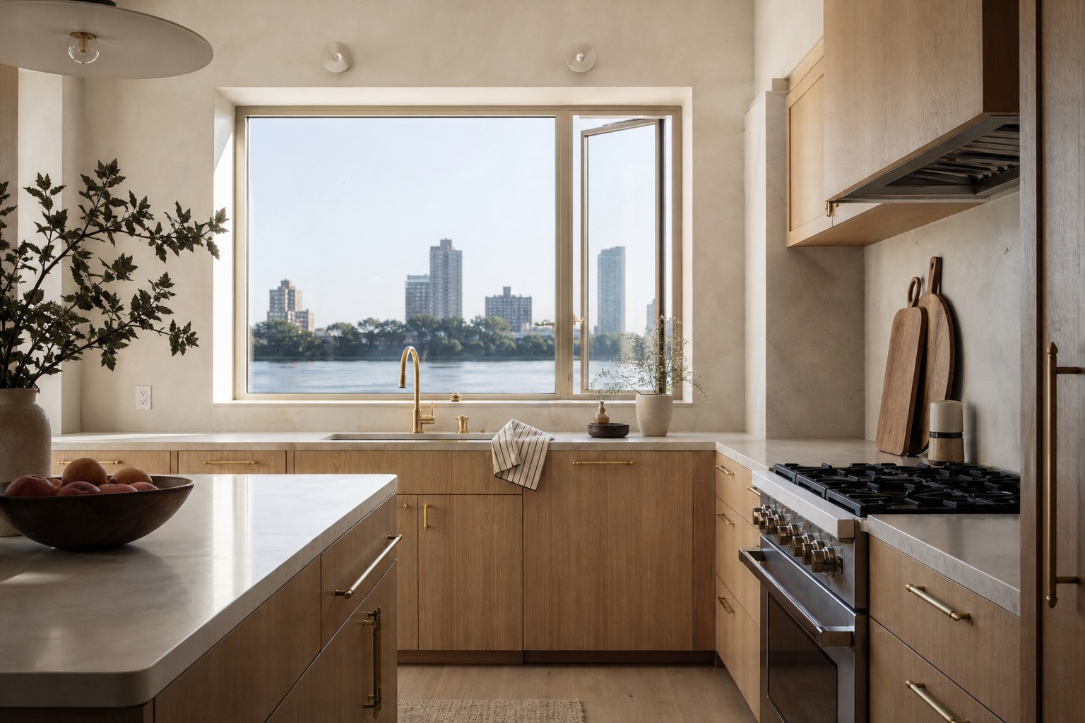 White oak and marble kitchen with a river view in a Hudson County residence